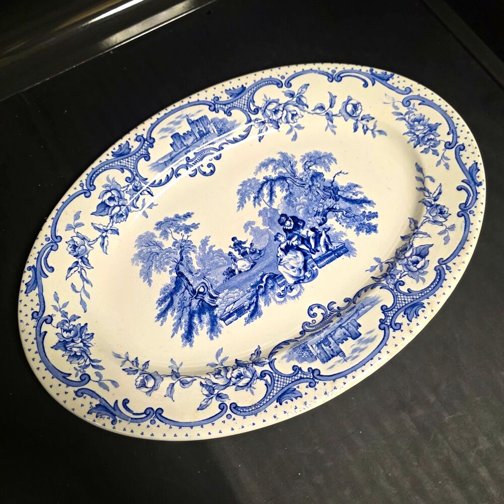 Antique Mason's Patent Ironstone 14" Oval Platter Blue Watteau Transferware